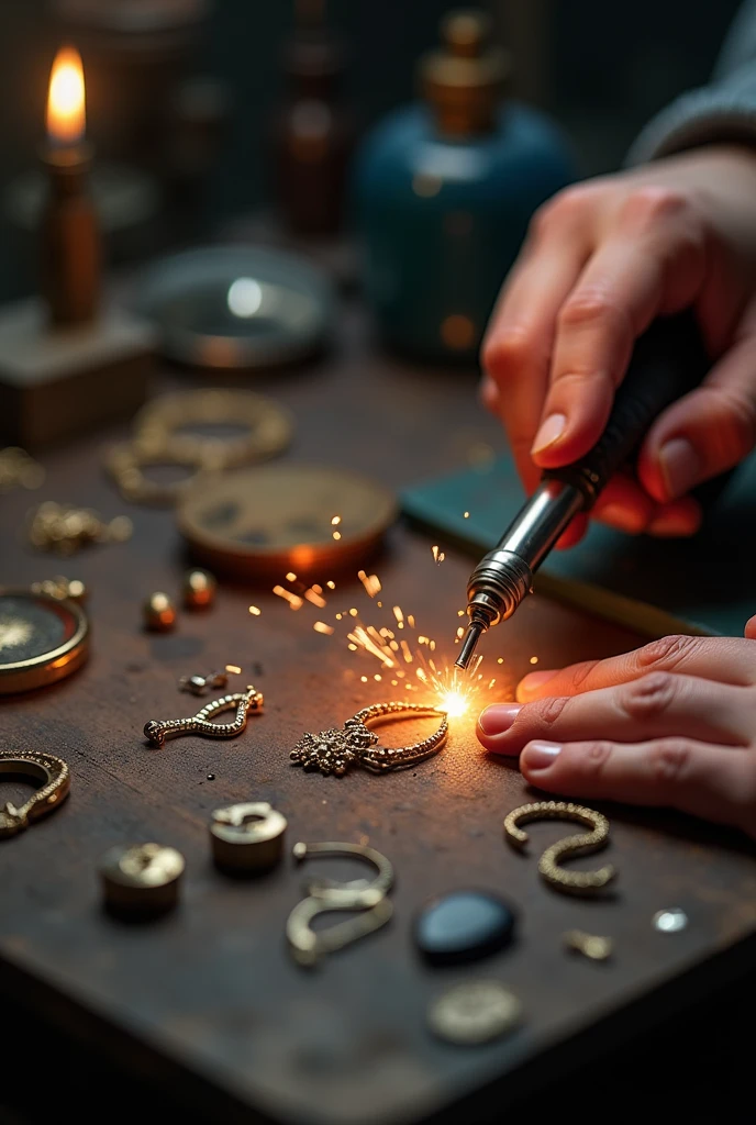 Broken jewelry on a workbench with hand soldering with fire