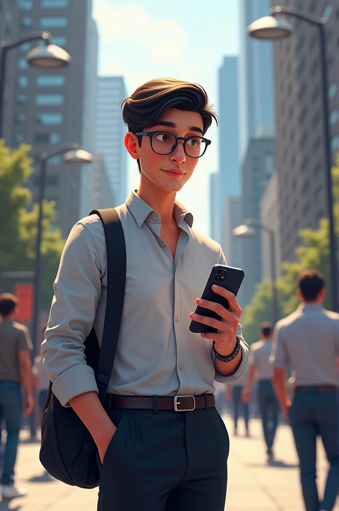 Standing on the side of the street with glasses in his eyes, I phone in his hand, and his shirt on look camara