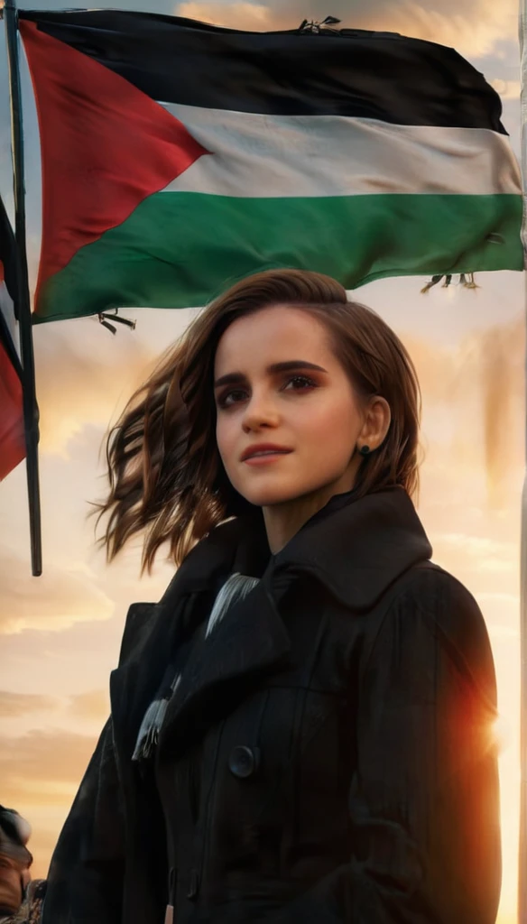 (Emma Watson) long hair:1.5, realistic,highres,reality,creative,(huge filesize, (Palestine flag flying) in the wind with a sunset) in the background unreal engine, octane render, trending on artstation, incredible detail