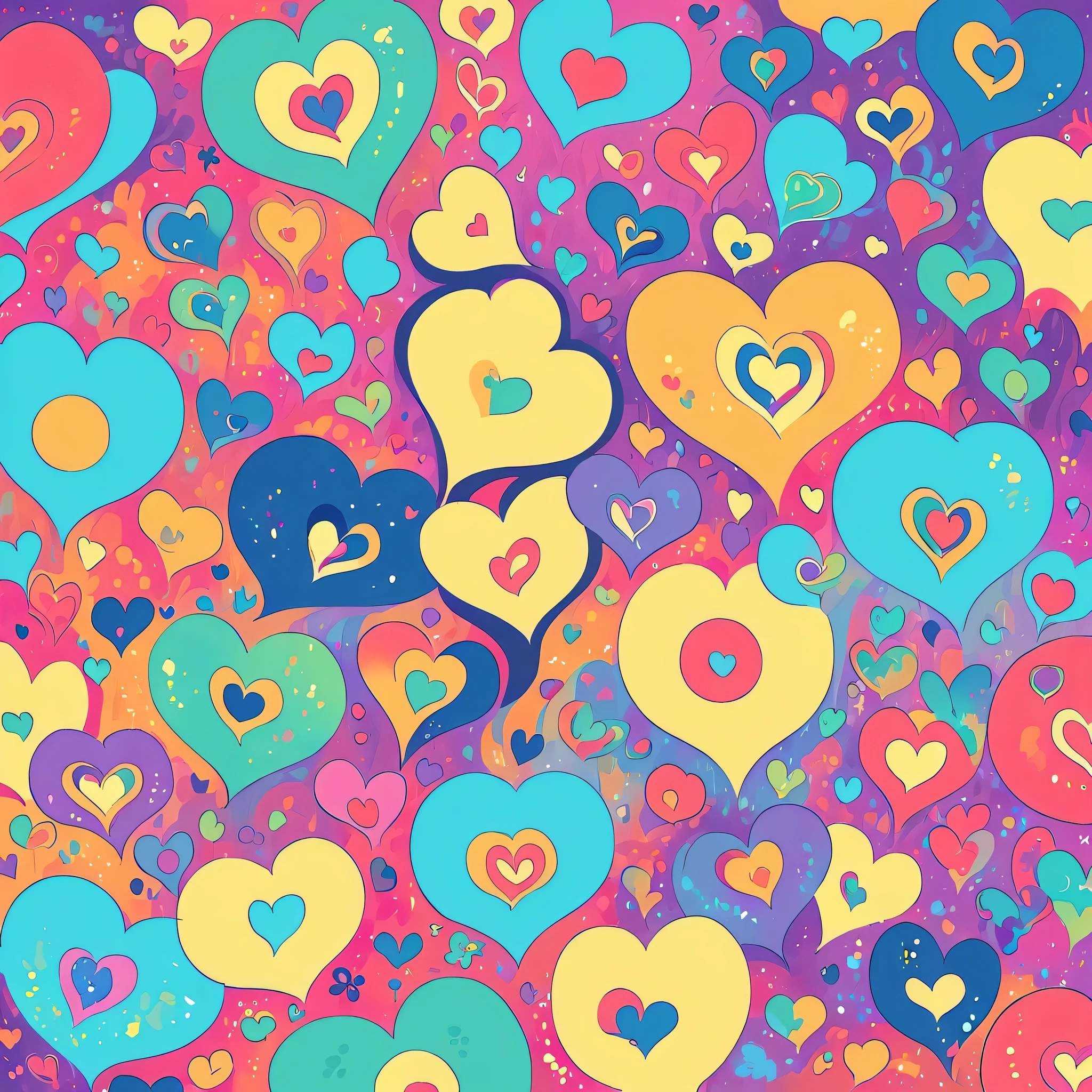 Seizo Watase style, Simple Line Initialism，Abstract art，No Background, colorful hearts ,Cute Aliens