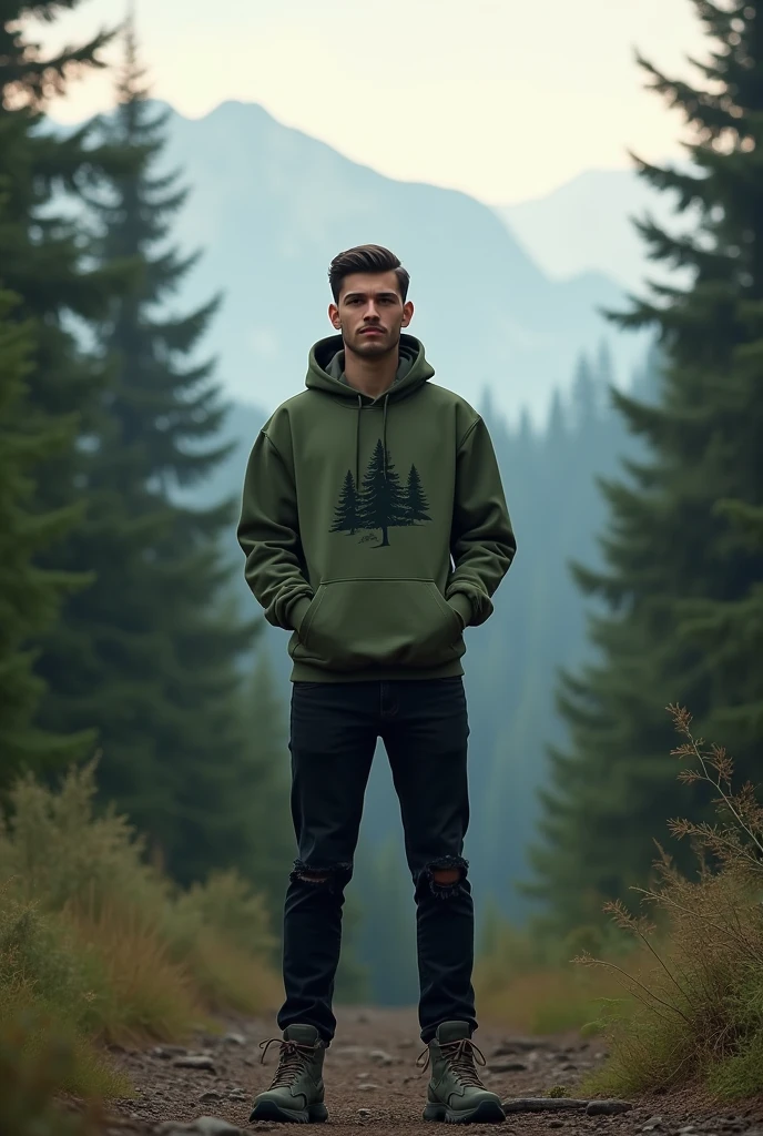 Create an image of an individual standing in the middle of a calm mountain forest landscape in the morning or evening with soft lighting conditions. The individual faces the viewer, wearing a green Army hoodie featuring a pine tree graphic that reflects the surrounding environment, wearing torn black jeans, wearing mountain shoes. ((full body))