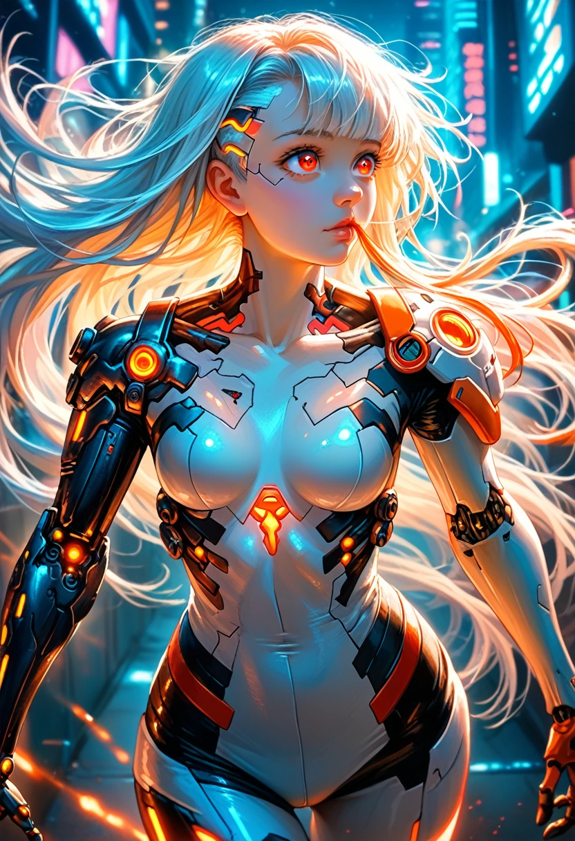 (sfw), intricate details, 1girl, night, (bright neon colors), ((flying over futuristic cyberpunk city)), detailed background, (petite cyborg girl, ((cute perfect face, bright glowing red eyes)), (perfect anatomy,  perky breasts), (absurdly long gradient orange and white hair, hair blowing in the wind)), detailed ribbed impossible bodysuit, shoulder armor, cybernetic limbs, dynamic angle, 