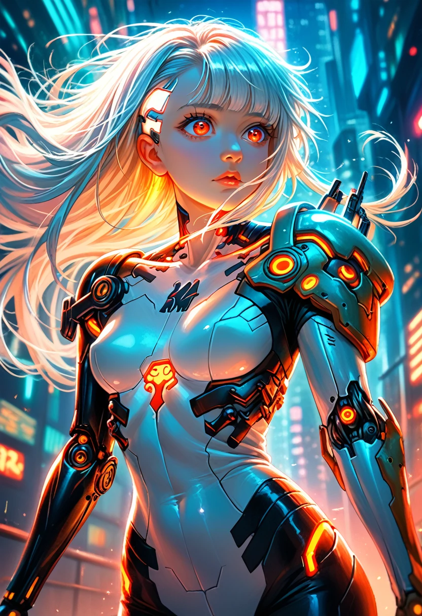 (sfw), intricate details, 1girl, night, (bright neon colors), ((flying over futuristic cyberpunk city)), detailed background, (petite cyborg girl, ((cute perfect face, bright glowing red eyes)), (perfect anatomy,  perky breasts), (absurdly long gradient orange and white hair, hair blowing in the wind)), detailed ribbed impossible bodysuit, shoulder armor, cybernetic limbs, dynamic angle, 