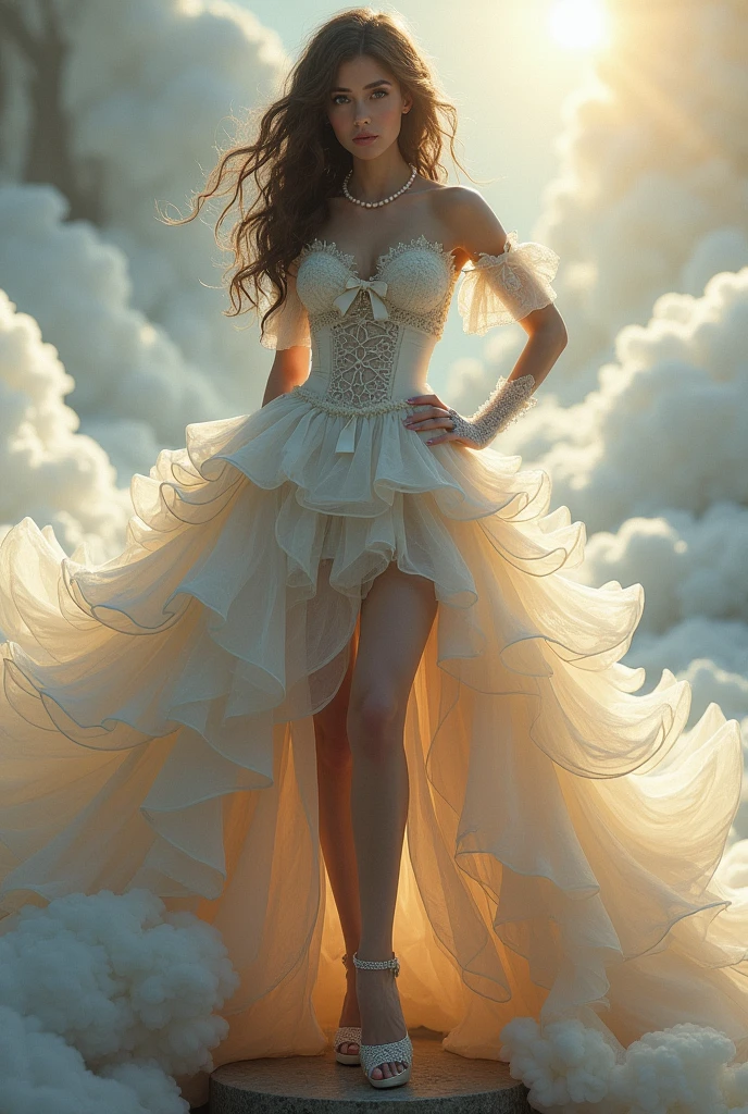 masutepiece、masuter piece、Solo, Super detailed drawing,Super delicate、32K、Long skirt, (Transparent material), super gorgeous dress, Extreme multiplication, Glossy crystal, Cinematic lighting, Curly hair, Roman Karl, (Glaring)、upright posture、Condescending、Hands on hips、(Raise one knee)、(Open both knees)、a stepping stone in front of me、(put one foot on a step stool)、(Condescending eyes)、frilld, cloudy, Alice in Wonderland, dramatic compositions, Extreme Detail, High resolution, lolita dress, Bow, Pearl Necklace, Lace gloves, Bow, bow ribbon, floating, Levitating, fly, cloudy, dot線, Dreamy, (Transparent fabric), Layered yarn, ((thin gauze skirt))、((((Angle where you can see inside the skirt))))、(((upside down angle)))、(Lace panties)、(white panties)、(Cameltoe)、(super precision panties)、(Delicate lace panties)、(lace panties total)、(Camel toe through panties)