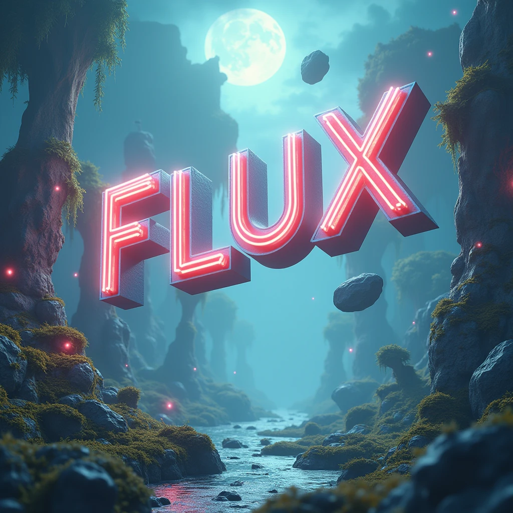 Poster font，The word &quot;FLUX&quot; floats in the air，uppercase letter，Surreal landscape