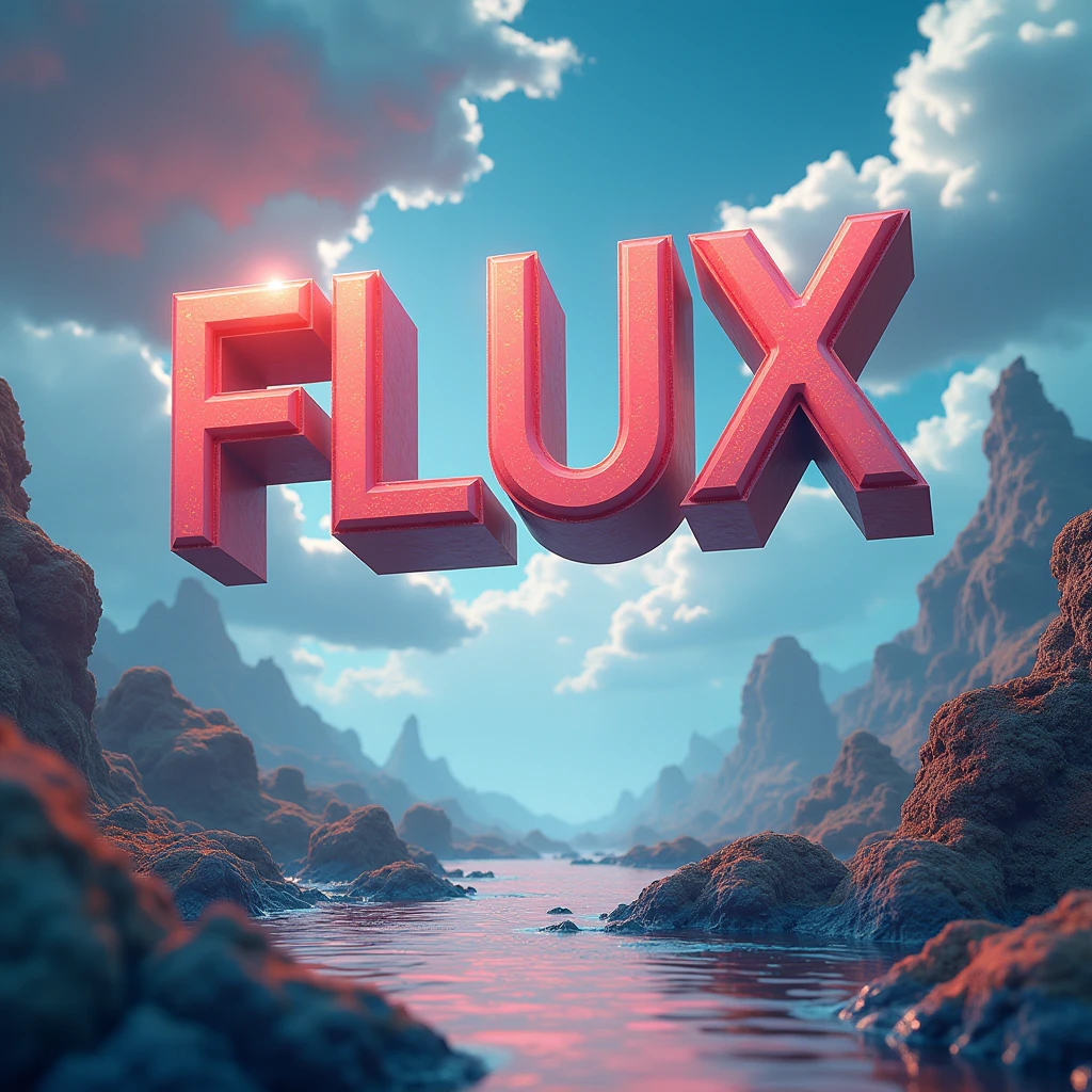 Poster font,The word "FLUX" floats in the air,uppercase letter,Surreal landscape