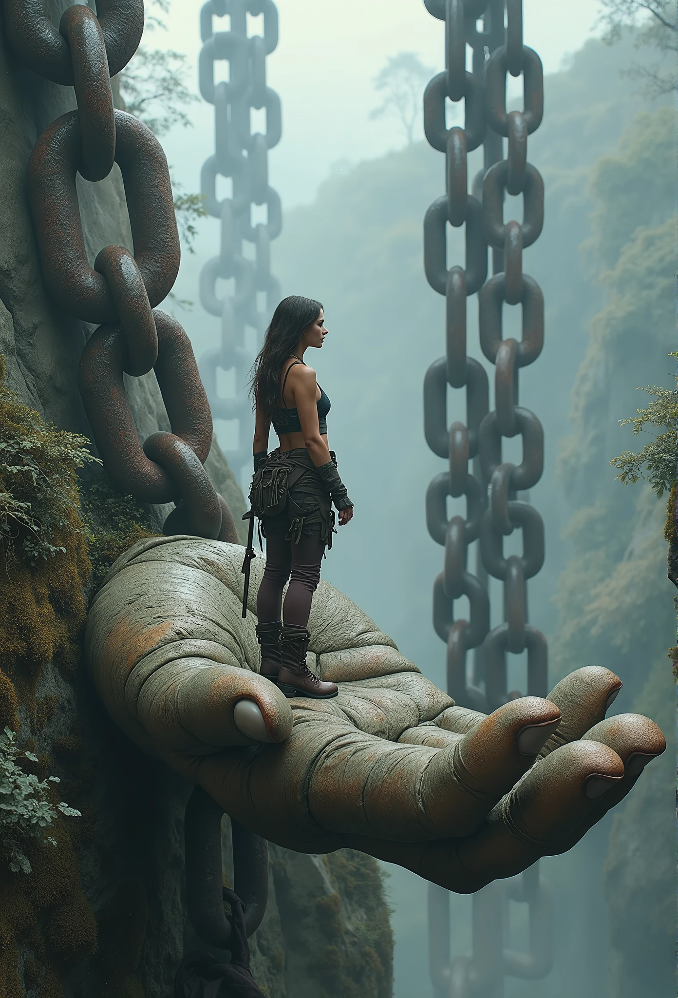 Create a breathtaking, semi-realistic image that captures the awe-inspiring scene of a beautiful female adventurer standing on the palm of an ancient, chained giant. The giant's massive, weathered hand is partially buried in the earth, overgrown with moss and vines, but the colossal chains that bind the giant are the most prominent feature, draped heavily across the landscape and filling the background with their immense, rusted links.

The female adventurer, with a strong yet graceful presence, is depicted in her climbing gear and rugged clothing. She stands confidently on the giant’s hand, her expression a mix of awe and determination as she surveys the massive chains surrounding her. The sheer size and weight of the chains dominate the scene, emphasizing the overwhelming power that once restrained these long-lost beings.

The setting is a remote, mystical landscape, shrouded in mist and surrounded by rugged, untamed nature. The composition should evoke a sense of adventure and discovery, with the contrast between the human scale of the adventurer and the colossal, dominating chains highlighting the epic and mysterious nature of the scene. The image should be visually stunning, blending semi-realistic detail with fantasy elements to create an immersive and awe-inspiring visual narrative.