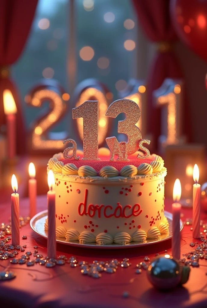 Créer un art numérique avec un gâteau d'anniversaire entouré de bougies allumées. Écrire sur le contour du gâteau DORCACE" et écrire au dessus du gâteau "13 ans" le tout posé sur le texte "23 AOÛT 2011" écrit en argent avec des cristaux brillants en forme 3D placé dans une chambre de décoration d'anniversaire