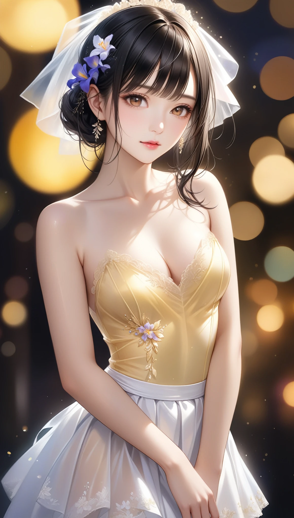 (Sweat:0.7),pale yellow wedding dress,White short skirt,woman,Japanese,Beautiful Face, Beautiful Face,Exposing shoulders,The shoulders are slightly exposed,Translucent skin,Iris,Black Hair,(Realistic:1.4),Realistic details, High resolution,Bokeh,Excellent details,