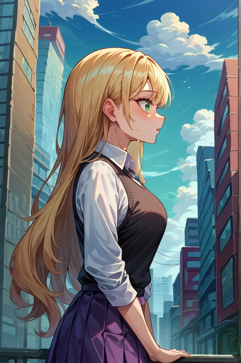 Fraction_9, Fraction_8_up, Fraction_7_up, Fraction_6_up, src_Japanese cartoons, 1 Girl, Solitary, right, Blonde Hair, Very long hair, Green Eyes, Ahog, White shirt, Black sweater vest, Neck strap, Collared shirt, Long sleeve, Purple skirt, Pleated Skirt, Medium breasts, blush, Chestnut mouth, Blue sky, City, Watching you, from the side, Sweat beads