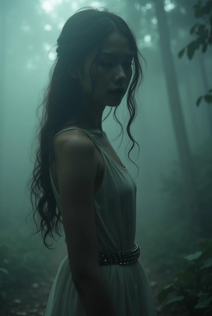 A young Thai woman stands in the middle of a mystical misty forest. closeup, very closeup, Her lips are black, The atmosphere is dreamy and ethereal, with thick fog enveloping the scene and making her figure vague and eerie. She is wearing a long dress made of thin and fine fabric, with long wavy brown hair hanging down her back. The soft light that spreads through the thick fog casts a soft glow on her almost invisible face. The background covered in thick fog, enhances the beauty of the quiet and timeless moment. The colors are very real, dramatic and cinematic
