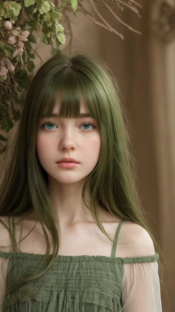 a girl. European. Extremely detailed face. Oval face. Delicate facial features. Half-closed eyes. gentle. Long straight hair. Messy hair. Bangs. Green hair. Green eyes. shy. sad