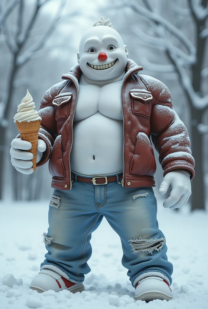 sigma giga chad muscular cool snowman holding a cone icecream and smiling in swag innocent smile not evil. dress the snowman not naked
