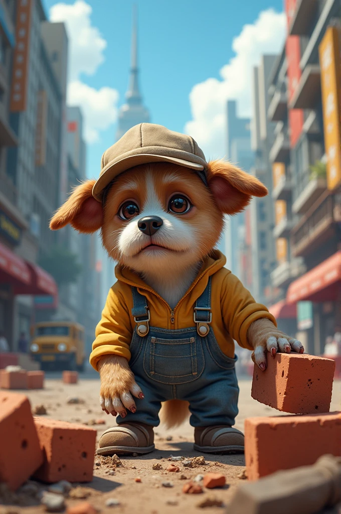 prosperous city,Busy,Weak dog in work clothes,Wearing a hat and moving bricks at the construction site,Showing sadness,Great contrast,personification,Showing weakness