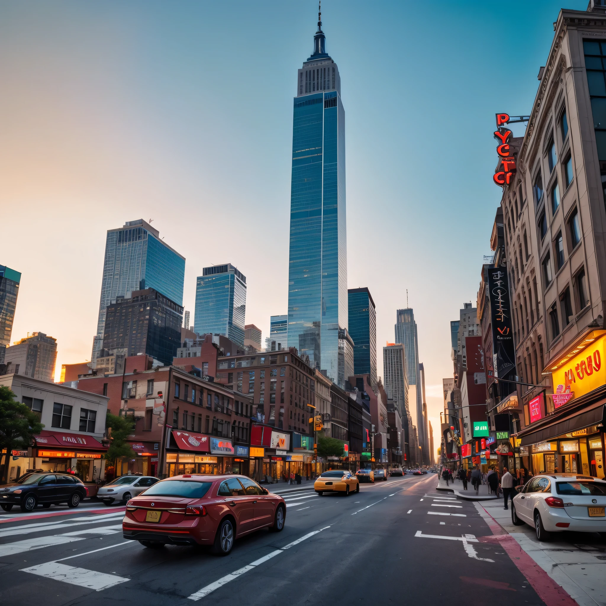 new york city, skyscraper, restaurants, POV, street view, next to a park, people and cars on the road, sunset, pro, 35 mm, realism, ultra HD result, 4k, very detailed