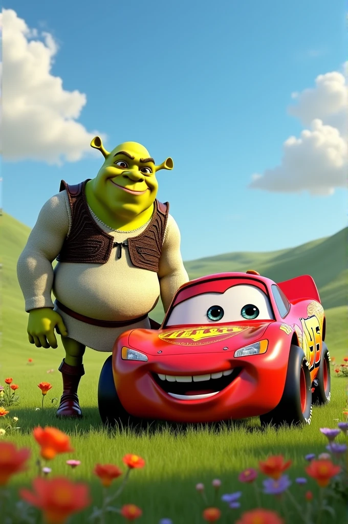 Create me a picture of Shrek next to Flash McQueen
