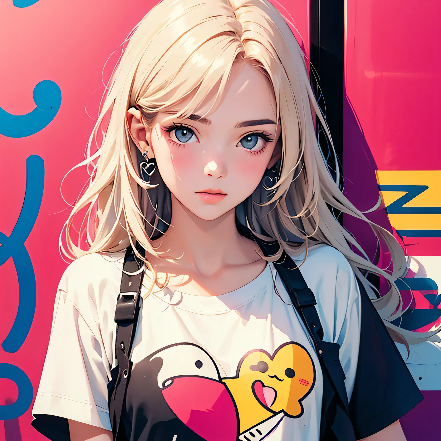 Keith Haring colorful style, Simple Line Initialism,Abstract art,(((The most beautiful girl of all time))), Sweet face. Lips in love, colorful hearts, stylish design, 夏のオシャレなTシャツ, 黒い瞳, walking, Paris