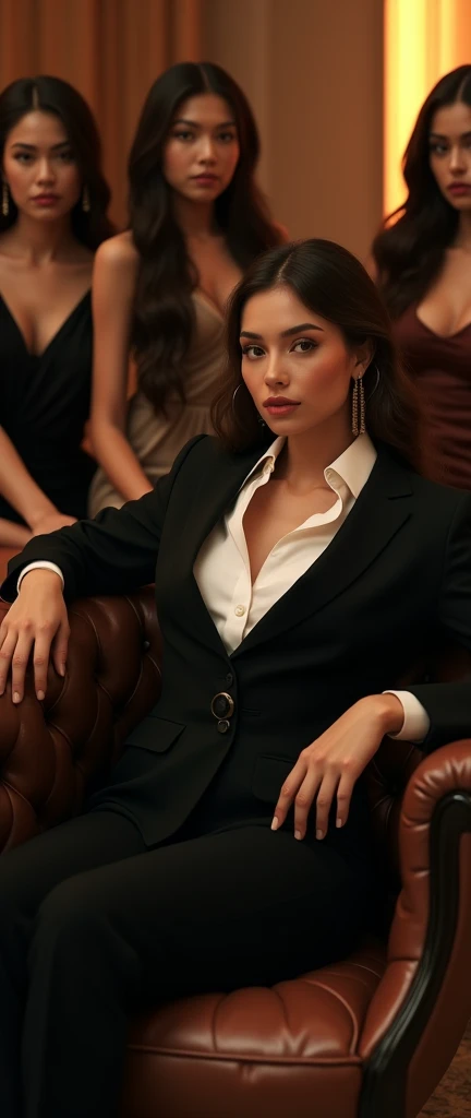 a stylish woman in a sharp black with white suit underneath reclining while laying all ontop of multiple girls laying around her their legs visible in the frame, adding to the opulent atmosphere, fashion,elegant,glamorous posture studio light glowing warm on her face (best quality,4k,8k,highres,masterpiece:1.2),ultra-detailed,(realistic,photorealistic,photo-realistic:1.37),HDR,UHD,studio lighting,ultra-fine painting,sharp focus,physically-based rendering,extreme detail description,professional,vivid colors,bokeh,portrait,high fashion,elegant,glamorous,cinematic,dramatic lighting,moody,mysterious,sensual,sophisticated