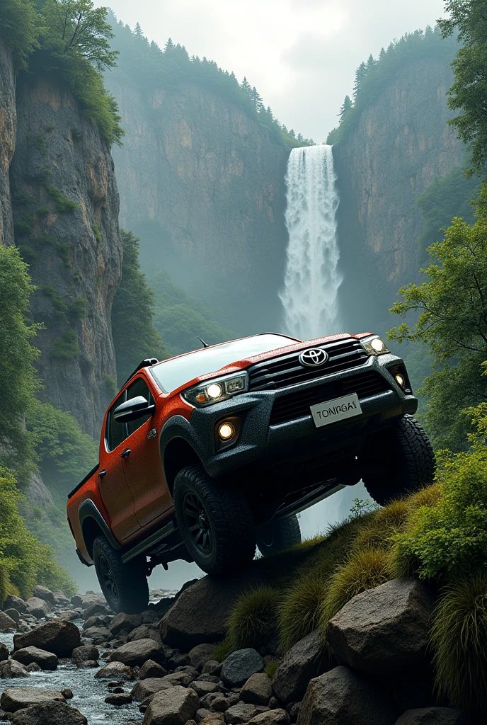 Toyota vigo in downfall position in mountain with water fall and trees