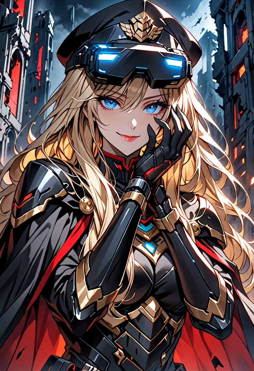 solo, female, sfw, medium shot, huge woman, extremely tall woman, blue eyes, blonde, long hair, black uniform, ((black armor)), black cape, gold trim, red trim, muscular, ruins, smile, military cap, one hand on face, yandere pose, baggy breeches, broad shoulders, night, close up, looking at viewer, futuristic, head-mounted display, display covering eyes