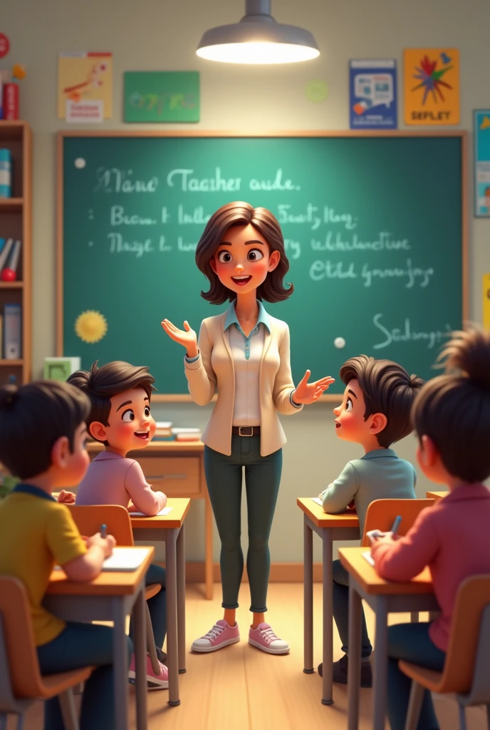 A complete classroom in which the teacher is teaching the children