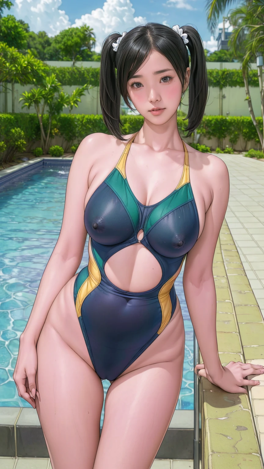 Highest quality, Official Art, masterpiece, Fabric Shading, High resolution, Very detailed, colorful, inside pool, Best details, (Adult,30 years old, Mature Woman, conversion:1.5, Female dog, Short Hair, Black Hair, Twin tails、Clear and beautiful eyes、Tired Hair, Green swimsuit:1.5, Center of chest, Puffy nipples:1.3, skinny:1.5, Camel Toe:1.5, Public indecency:1.5, Beach:1.5, derogatory, people々々Surrounded by:1.5 ,smile