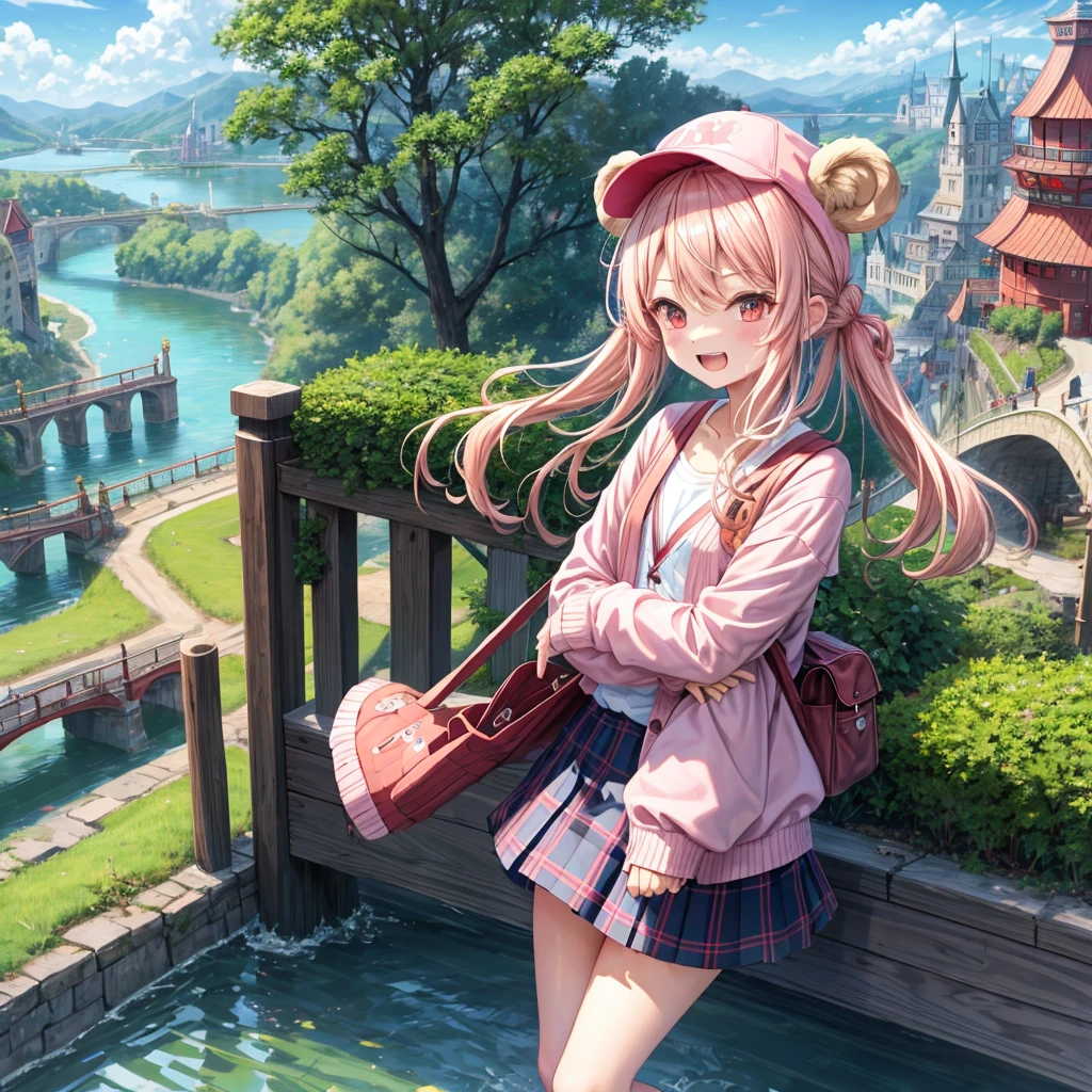Pink Blonde、Red eyes、Wavy Hair、Hair tied up、Two cute、Checked mini skirt、black t-shirts、cardigan、Knee-high socks、bear ears baseball cap、Teeth are visible、Monster Castle、Tilting face、crossing the bridge、hazakura、windmill、grass、Stones are growing out of the ground.、A teddy bear is walking、Morning glory is blooming.、In front of the city gates、clock、Underground tunnels、Waterway、Small boat
