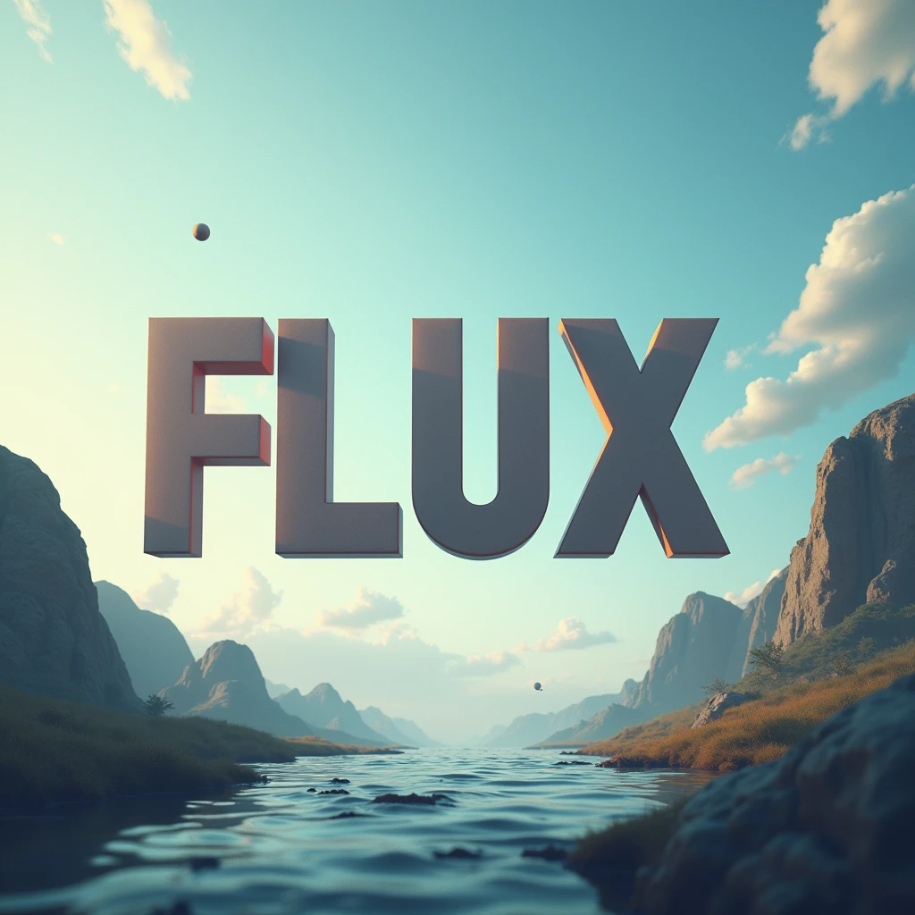 Poster font，The word &quot;FLUX&quot; floats in the air，uppercase letter，Surreal scene