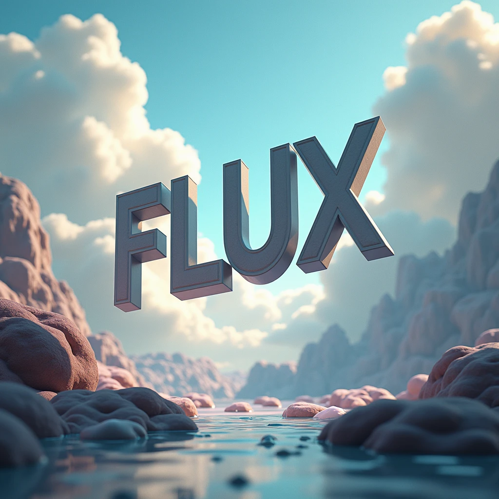 Poster font,The word "FLUX" floats in the air,uppercase letter,Surreal scene