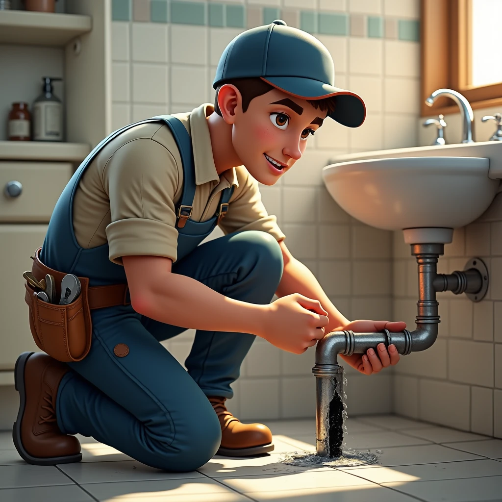 pumbler(man:human),young:realistic,repairing broken bathroom pipe