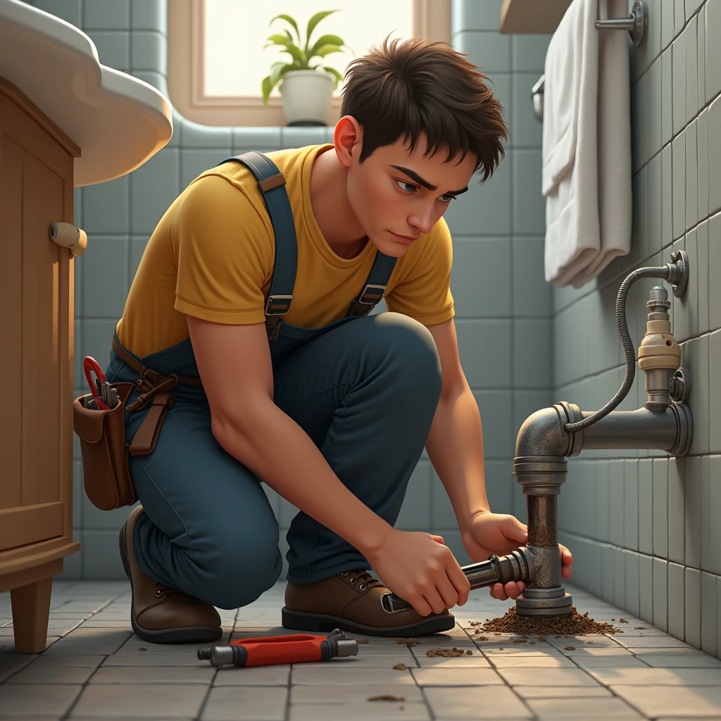 pumbler(man:human),young:realistic,repairing broken bathroom pipe