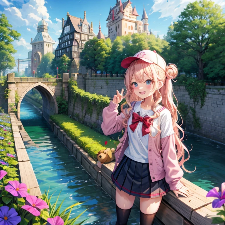 Pink Blonde、Red eyes、Wavy Hair、Hair tied up、Two cute、Checked mini skirt、black t-shirts、cardigan、Knee-high socks、bear ears baseball cap、Teeth are visible、Monster Castle、Tilting face、crossing the bridge、hazakura、windmill、grass、Stones are growing out of the ground.、A teddy bear is walking、Morning glory is blooming.、In front of the city gates、clock、Underground tunnels、Waterway、Small boat