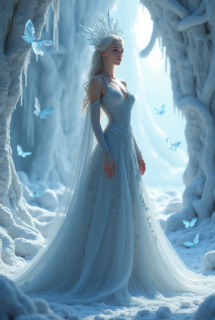 The Snow Queen, she wearing Long silver glittering dress , big breasts，The Ice crown On her head,Background is Ice snakes and Ice butterflies flying 