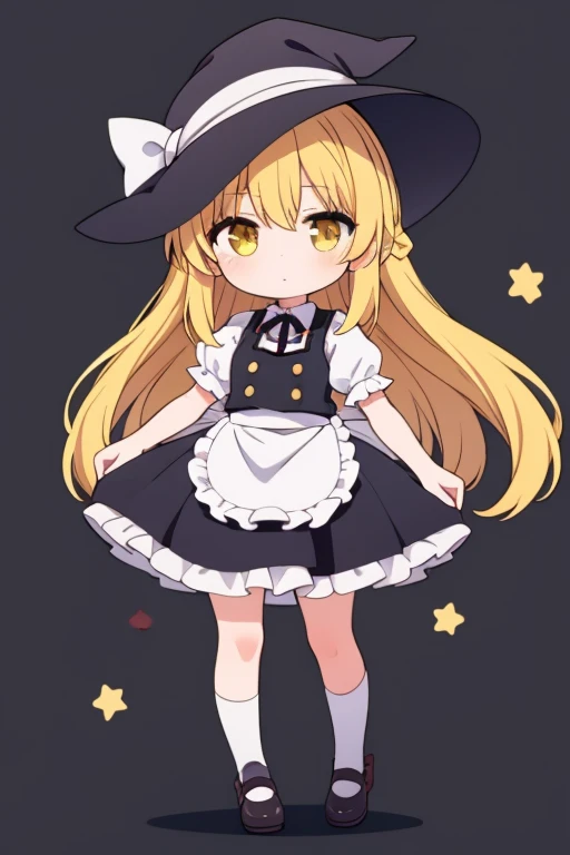 1gril,marisa kirisame,Chibi,full body,standing,illustration,blond hair,Black Witch Hat,yellow eyes, long hair, vest,apron, bow, short sleeves, hat bow, braid, puffy sleeves, skirt