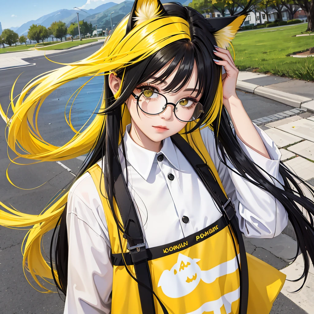 masterpiece, best quality, spring outfit, colorful hair, outdoor, magazine cover ,upper body, black long hair, yellow hair tail, black and yellow Hair, wear round glasses, A pair of cat ears on the head