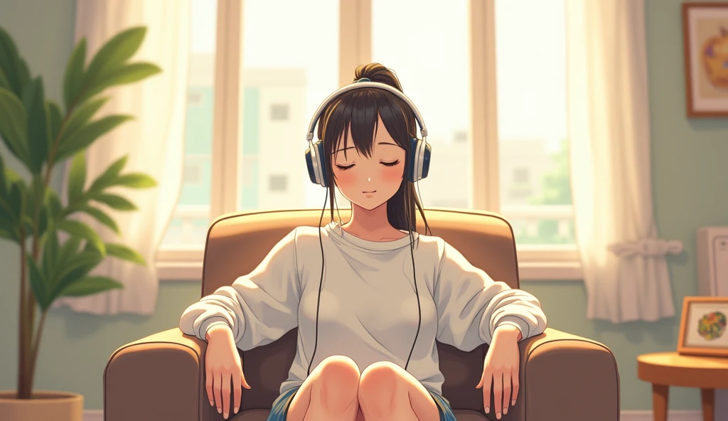morning、Listen to music in the room、Sit on a chair、high school girl、Big Breasts、 relax、White sweatshirt、ponytail、Cordless headphones, Bright environment、2D-style animation, Lo-Fi、Retro、Anime style illustrations、Line art with clear outlines