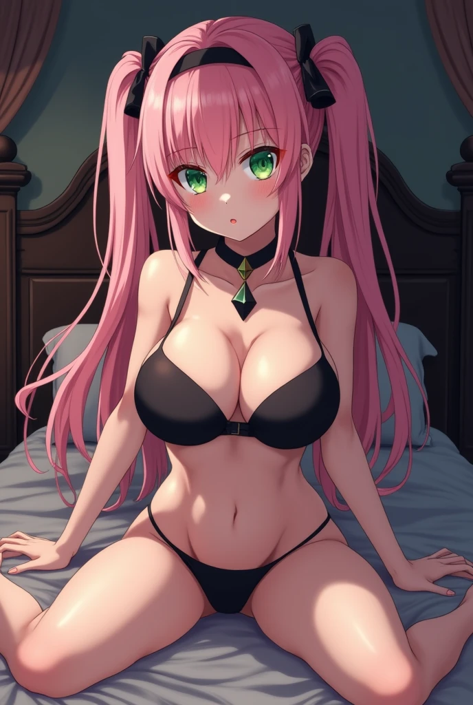 ((masterpiece、Highest quality、Super detailed)、((One person))、((Pink Hair))、((Twin tails))、((Light blue eyes))、evil smile、((Grin))、((lots of piercings))、((Very large breasts))、((Devil horns))、((black bikini))、((black leather short shorts))、tattoo、((Sweat))、Cowboy Shot、Sit on the bed、((spread legs))、((Dimly lit room))、Bedroom Background