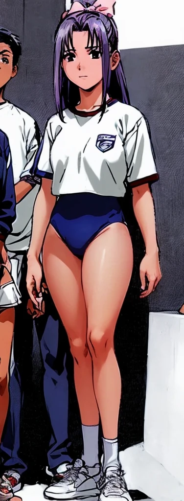 Momoko Koigakubo, with her beautiful legs, stands in a white gym uniform and light navy blue bloomers that look like panties.。A young boy in a tracksuit is standing next to Momoko Koigakubo and is being held by her.。