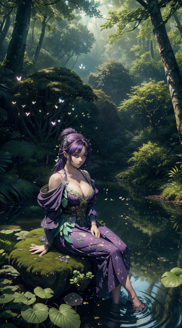 A masterpiece, the best quality, stunning reflections, the best reflections ever. (very detailed CG unity 8k wallpaperest quality), (best illustrationest shadoworest theme with natural elements. Tall trees, quiet streams, small glowing mushrooms surrounded by delicate leaves and branches, with fireflies and glowing particle effects,, (natural elements), (jungle theme), (leaves), (twigireflieutterflies, (delicate leaves), (glow), (particle effects). , Isometric 3D, Octane Rendering, Ray Traced, Super Detailed, 1 girl, Shinobu kocho demon slayer, shinning purple eyes, purple hair, Graceful, beautiful face, detailed face, Shining butterflies landed on her elegant clothes,（Very detailed CG unity 8K wallpaper). Cleavage bulge, tight , sitting on big rock
