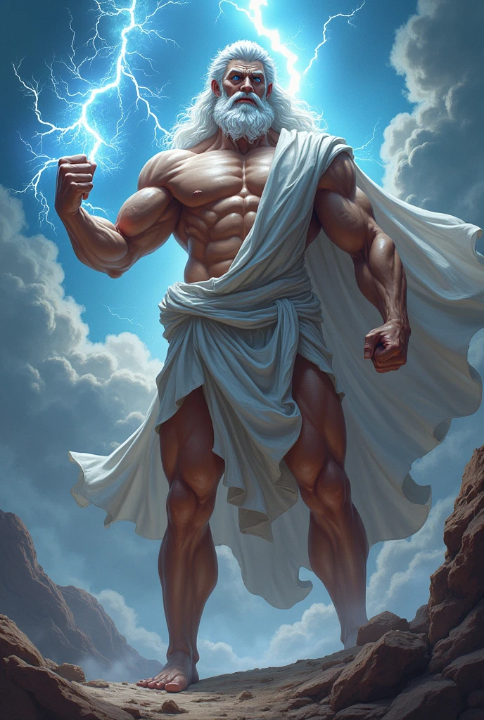 A muscular Zeus, holding a thunderbolt with his right hand, clenching his left fist, blue eyes