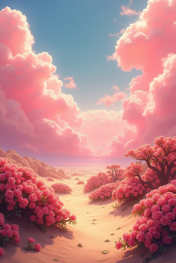 summer, desert, pink clouds, A land full of roses, James Gurney, Art Station Rendering, Ultra-wide-angle lens, high quality