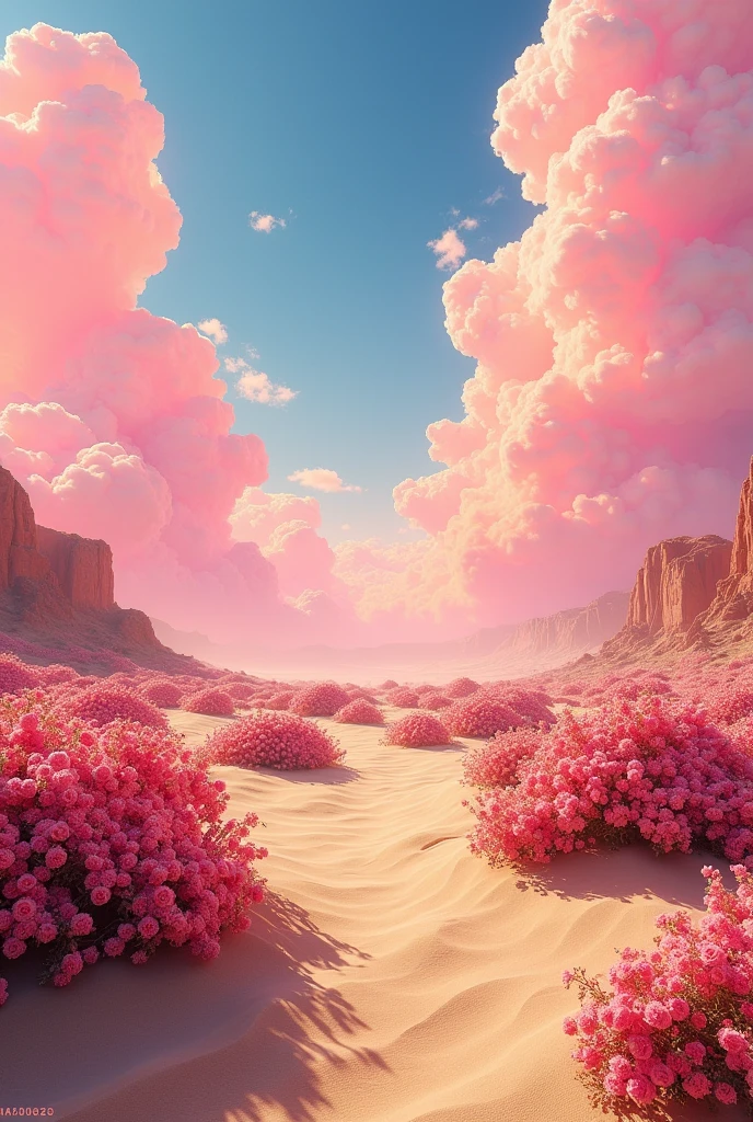 summer, desert, pink clouds, A land full of roses, James Gurney, Art Station Rendering, Ultra-wide-angle lens, high quality