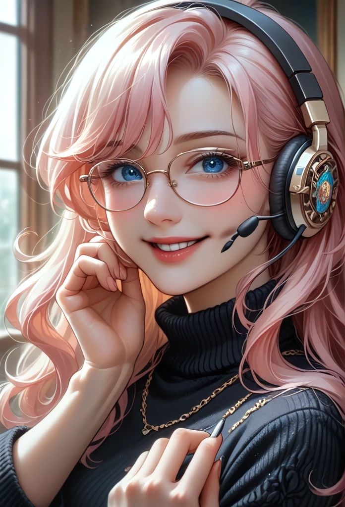 
((highest quality)), ((masterpiece)), (Get used to it), Perfect Face, masterpiece、highest quality、High resolution、High quality picture、8k, 1 woman、Fair skin,black sweater dress, close up white lips upper neckline 、Delicate eye expression、Pink hair mixed with yellow、Long haired girl, wearing bright white bear ear headset,wearing thin glasses, 
 Perfect Line Drawing, Beautiful line art, Beautiful Ocean Blue Eyes, Beautiful face with attention to detail, (Sweet Smile), charm, Innocent, Side view, (Face with perfect details), (Beautiful Hands) Photorealistic Drawing,