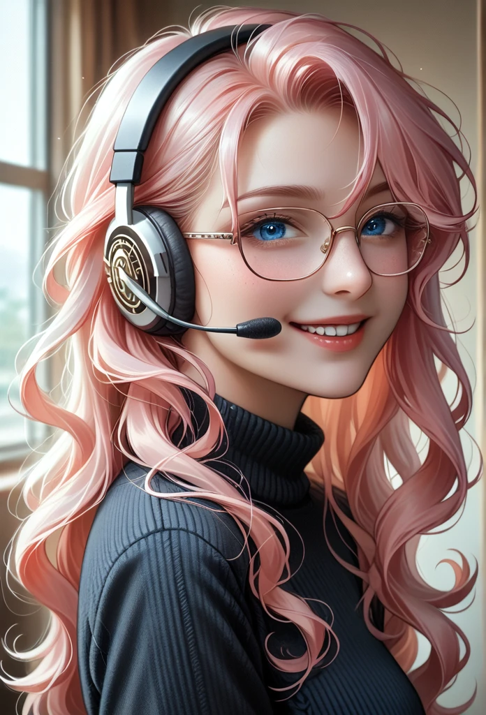 
((highest quality)), ((masterpiece)), (Get used to it), Perfect Face, masterpiece、highest quality、High resolution、High quality picture、8k, 1 woman、Fair skin,black sweater dress, close up white lips upper neckline 、Delicate eye expression、Pink hair mixed with yellow、Long haired girl, wearing bright white bear ear headset,wearing thin glasses, 
 Perfect Line Drawing, Beautiful line art, Beautiful Ocean Blue Eyes, Beautiful face with attention to detail, (Sweet Smile), charm, Innocent, Side view, (Face with perfect details), (Beautiful Hands) Photorealistic Drawing,