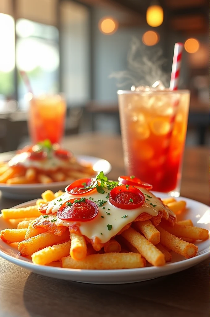 A thumbnail for a restaurant which has pizza fries and a soda in it