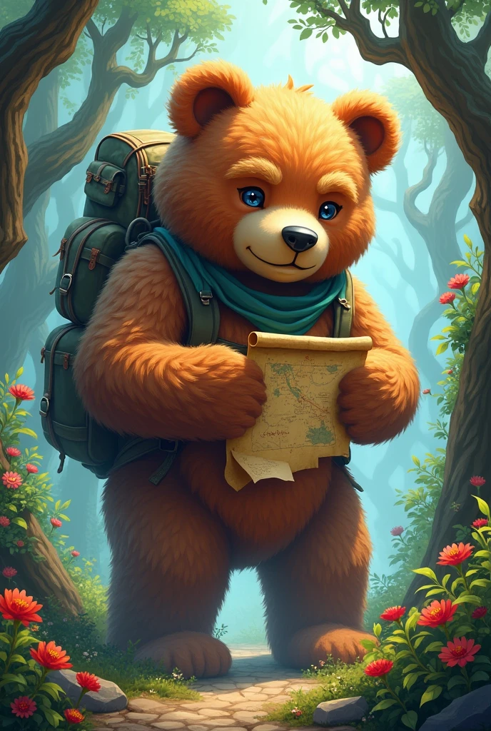 A giant teddy bear, with a backpack and an old map. The bear is exploring a magical forest, with a curious expression. Background with nature elements, like trees and flowers. Artistic style: illustration , swirly vibrant colors.