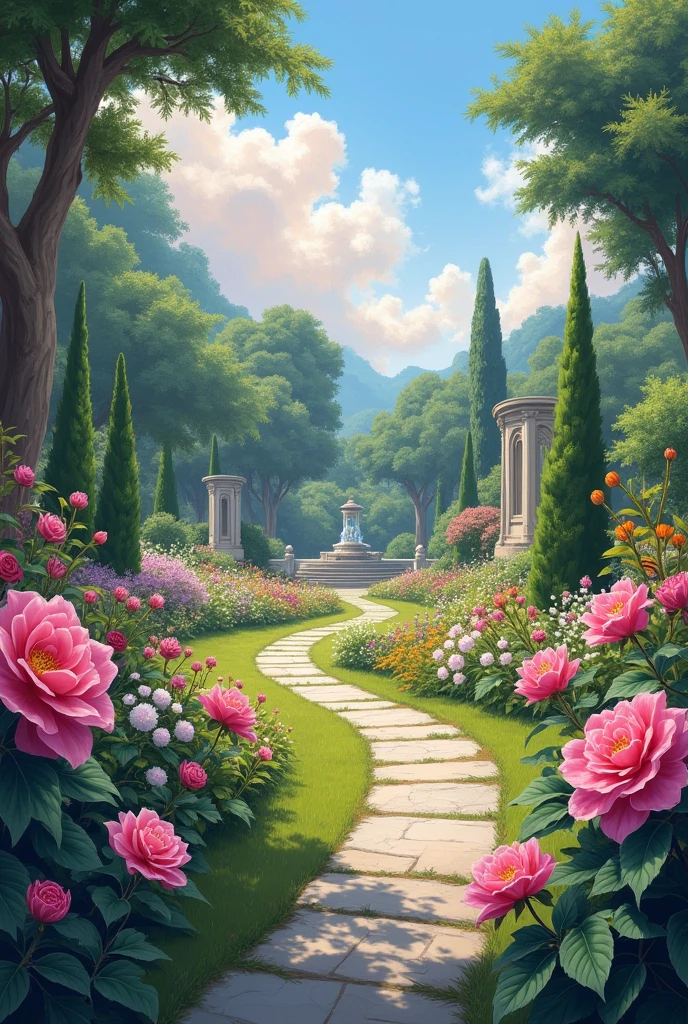 "An exquisite garden rendered in the style of a classical painting, with rich, Vibrant and soft colors, painterly brushstrokes. The garden is filled with a variety of blooming flowers in a harmonious palette, Surrounded by lush vegetation and elegantly shaped trees. A winding stone path leads through the garden, inviting the viewer to explore its beauty. In the background, A charming gazebo or fountain adds a focal point to the scene. The sky above is a delicate mix of blues and soft pinks, with the light filtering through the trees, casting soft shadows and creating a peaceful atmosphere, serene atmosphere. a beautiful flower in first person"