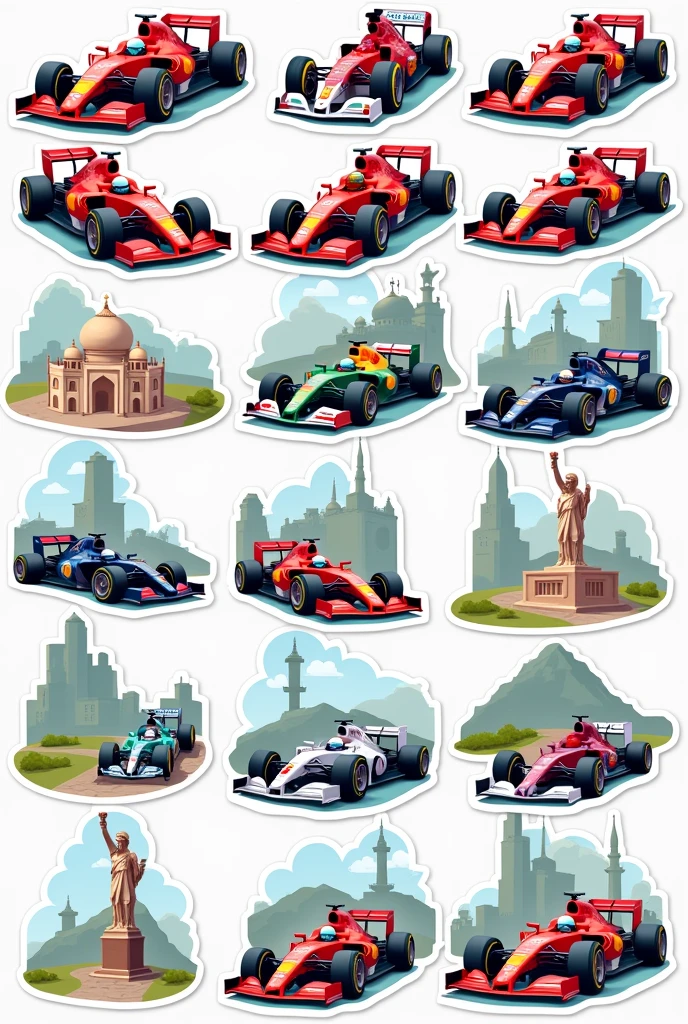 Make me a printable stickers with different contents like f1, flags of the world, famous anime, landmarks of the world in cartoonic art