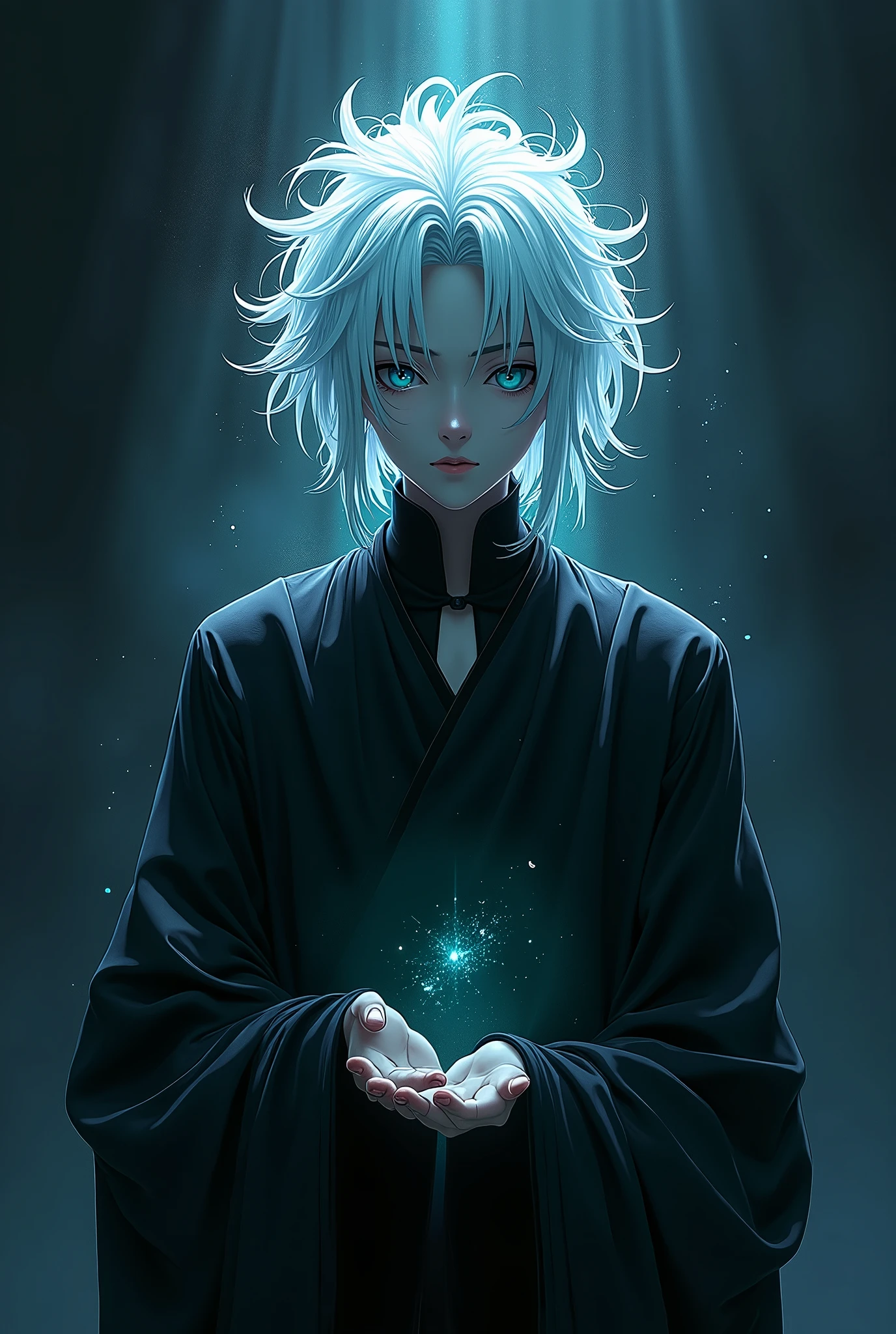 ((High detail、Cinematic lighting))、Messy white hair、Aquamarine eyes、White lashes、god rays、Ray tracing、drop shadow、optical illusion、Haut du corps、Looking at the camera、Masterpiece、((Super Detail、Best Quality、8K))、Jujutsu Kaisen、Gojo Gojo、Black attire、Surgical unfolding、Perfect jet black background、serene look、powerful being、Mystical atmosphere、(Strange moonlight、ominous shadows、 Intense blue aura、 Intense red aura、Symbol of the power that surrounds him、Radiating magical energy、Mystical artifacts、Ether particles、dinamic pose、Epic soundtrack、(((Detailed hand)))、sunglass
