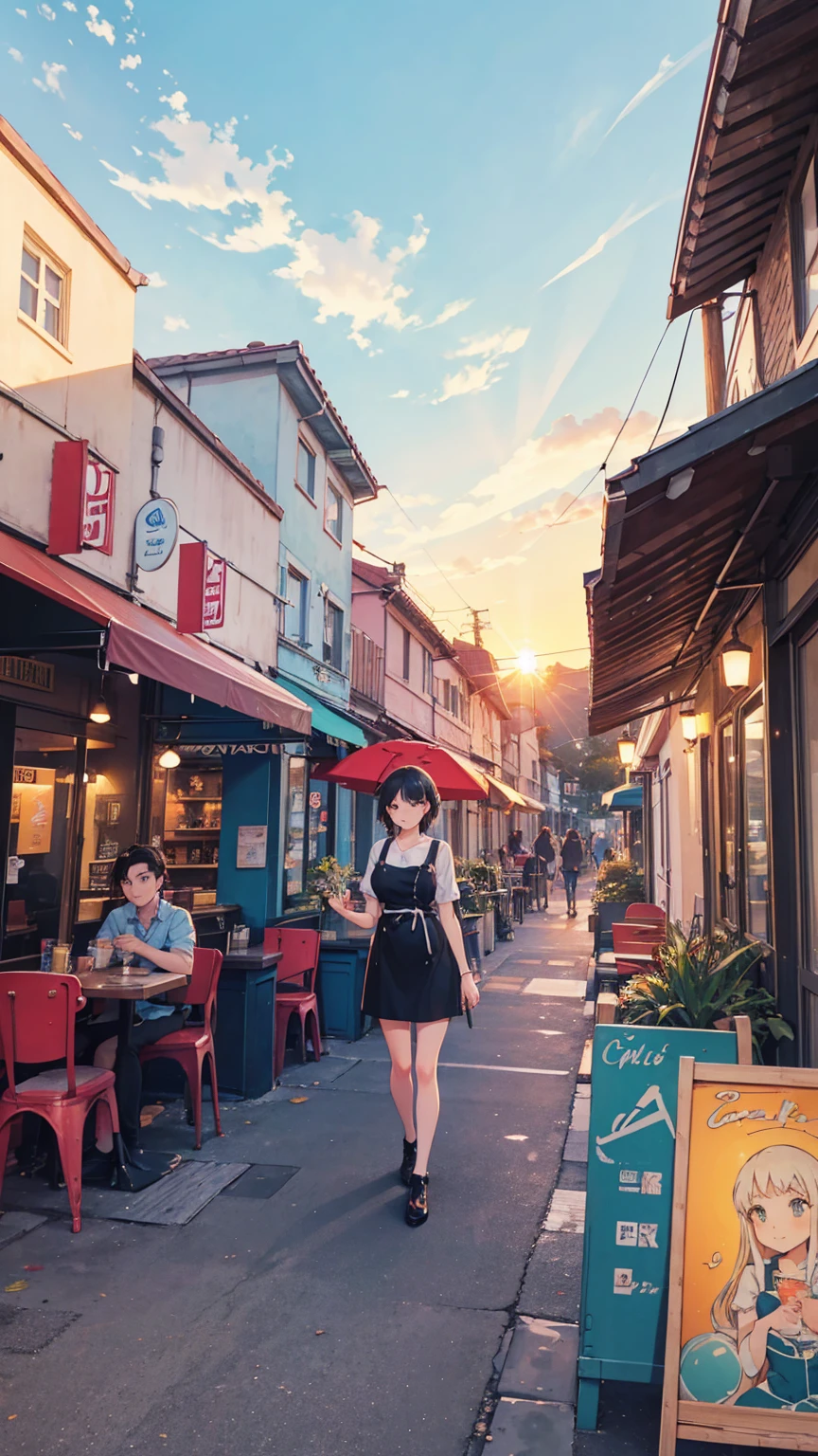 a painting of a scooter in front of a cafe with a sunset in the, cozy cafe background, cafe, beautiful retro art, scenery artwork, cafe in the clouds, warm beautiful scene, scenery art detailed, diner caffee, dream scenery art, watching the sun set. anime, anime scenery, in a sidewalk cafe, at a beautiful sunset, beautiful aesthetic art, nightcafe, in a bright cafe, super detailed color art, beautiful comic art, beautiful anime scenery, retro style art